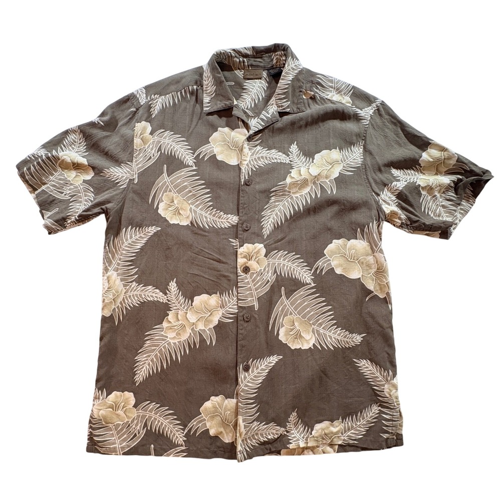 Axist Hawaiian Shirt Mens Medium Silk Olive Green Tropical Floral Camp Button Up